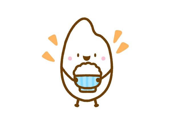 ニコニコ顔のお米１粒が両手でお茶碗に入った炊いたごはんを持っている絵